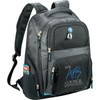 A black and grey laptop backpack with multiple compartments and a logo, featuring blue zippers and detailing.