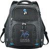 A black backpack with grey accents, featuring multiple compartments and a logo. Ideal for carrying a laptop.