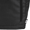 A black roll-top backpack with a zip pocket and a small label on the side.