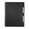A black spiral notebook with a pen attached.