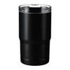 A drink bottle in matte black, featuring a clear lid and a logo. Ideal for keeping beverages hot or cold.