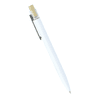 A white recycled aluminium pen with a bamboo clicker and a silver clip. The pen has a minimalist design.