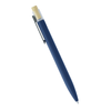 A navy blue recycled aluminium pen featuring a bamboo clicker and a metal clip. It has a sleek, modern design.