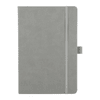 A grey hardbound journal with an elastic closure and a bookmark ribbon, featuring a logo on the cover.
