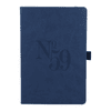 A navy blue recycled hard-bound journal with a textured cover and an embossed design. It features a closure strap and branding.