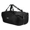 A black duffle bag with mid blue accents and a branding logo, featuring adjustable shoulder straps.