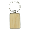 A rectangular keyring made of recycled zinc alloy with a bamboo insert, featuring a shiny silver finish.