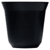 A black recycled espresso cup with a tapered shape and a glossy finish, featuring a logo.