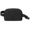 A black recycled sport bum bag with a zippered compartment and an adjustable strap. It features a logo.