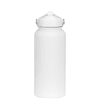 A drink bottle in white, featuring a rubber coating and a screw-on lid, with a logo visible.