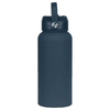 A drink bottle in navy blue with a rubber-coated finish and a metal handle. Features a branded logo.