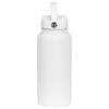 A drink bottle in white with a rubber coating and a handle. Features a silver-tone screw lid.