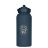 A drink bottle with a rubber-coated finish in dark blue, featuring a logo and a secure top cap.