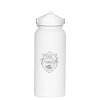 A drink bottle in white with a logo design, featuring a wide mouth and a secure lid.