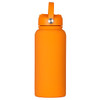 A drink bottle in vibrant orange with a rubber coated finish and a silver cap feature. It includes a handle for easy carrying.