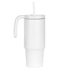 A drink bottle in white with a handle and straw, made from recycled materials, holds 900ml.