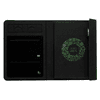 A5 RPET folio notebook in black with a vibrant green circular design, featuring an inner pocket and a slot for a USB.