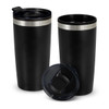 A double wall cup in matte black with a silver band and a clear lid. Two cups are displayed, one with the lid.