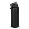 A drink bottle finished in matte black with a silver top and a handle for easy carrying. It features a logo.