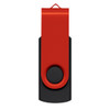 A red and black Helix 16GB flash drive with a swivel design and a circular button. It features a logo.