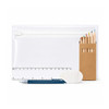 A clear pencil case containing coloured pencils, a ruler, an eraser, and a blue pen. The set features a neutral colour palette.