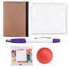 A notebook, a clear zip pouch, a purple and white pen, a bag of colorful jelly beans, and a red stress ball.