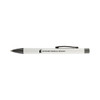 A white pen with a black clip, featuring a logo and branding for Keystone Financial Services.