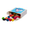 Assorted jelly beans in various colours spilling from a white box, featuring a playful logo on the front.