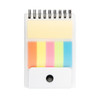 A spiral-bound notepad with sticky notes in yellow, orange, pink, green, and blue, featuring a front cover with a button.