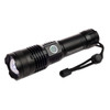 A black rechargeable torch featuring a round head, a side button, and a wrist strap for convenience.