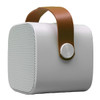 A compact Boombox Mini Speaker in white with a brown leather handle and a silver control knob on the side.
