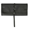 A dark green toiletry bag organizer features a roll-up design with two circular fasteners and a secure strap closure.
