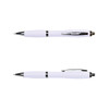 A white metal pen with chrome accents, featuring a sleek design and a push-button mechanism.