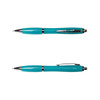A metal pen in a vibrant turquoise color with a sleek design and a clip, featuring a shiny silver accent.
