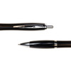 A black metal pen with a sleek design, featuring a silver clip and nib. The pen is displayed from two angles.