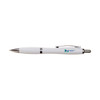 A white plastic pen with silver accents and a logo on the body.