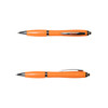 An orange plastic pen with chrome accents, featuring a clip and retractable ballpoint tip.