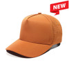 An orange cap featuring perforated sides and a solid front, with a curved brim and a logo.
