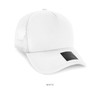 A white trucker cap made of polyester and mesh, featuring a black logo on the front.