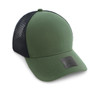 A green polyester/mesh trucker cap featuring a black mesh back and a branded patch on the front.
