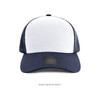 A navy and white cotton/mesh cap featuring a logo, with a structured front and mesh back.