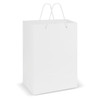 A large white laminated carry bag with cord handles and a blank surface for branding.