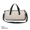 A beige and black duffle bag with dual handles and a shoulder strap, featuring a zip closure and branding.