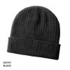 A black wool blend beanie with a ribbed texture and a folded cuff, featuring a logo.