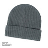 A dark grey wool blend beanie with a ribbed texture and a folded cuff, featuring branding.