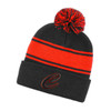 A black beanie with red stripes and a pom-pom on top, featuring a logo on the front.