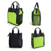 A cooler bag in bright green and black with zippered compartments and mesh sides, featuring carrying handles and a logo.
