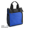 A cooler bag in black and royal blue, featuring a zippered main compartment and mesh side pocket.