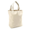 A light beige tote bag with two sturdy handles, featuring an unembellished design and a simple branding logo.