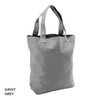 A grey tote bag with two handles and a central seam, featuring a branding logo.